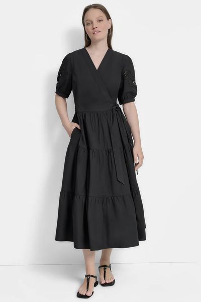 Dress S/S TIERED POPLIN DR, color black