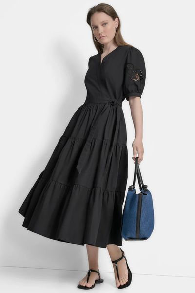 Dress S/S TIERED POPLIN DR, color black