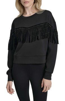 Top L/S STUDDED FRINGE P, color black